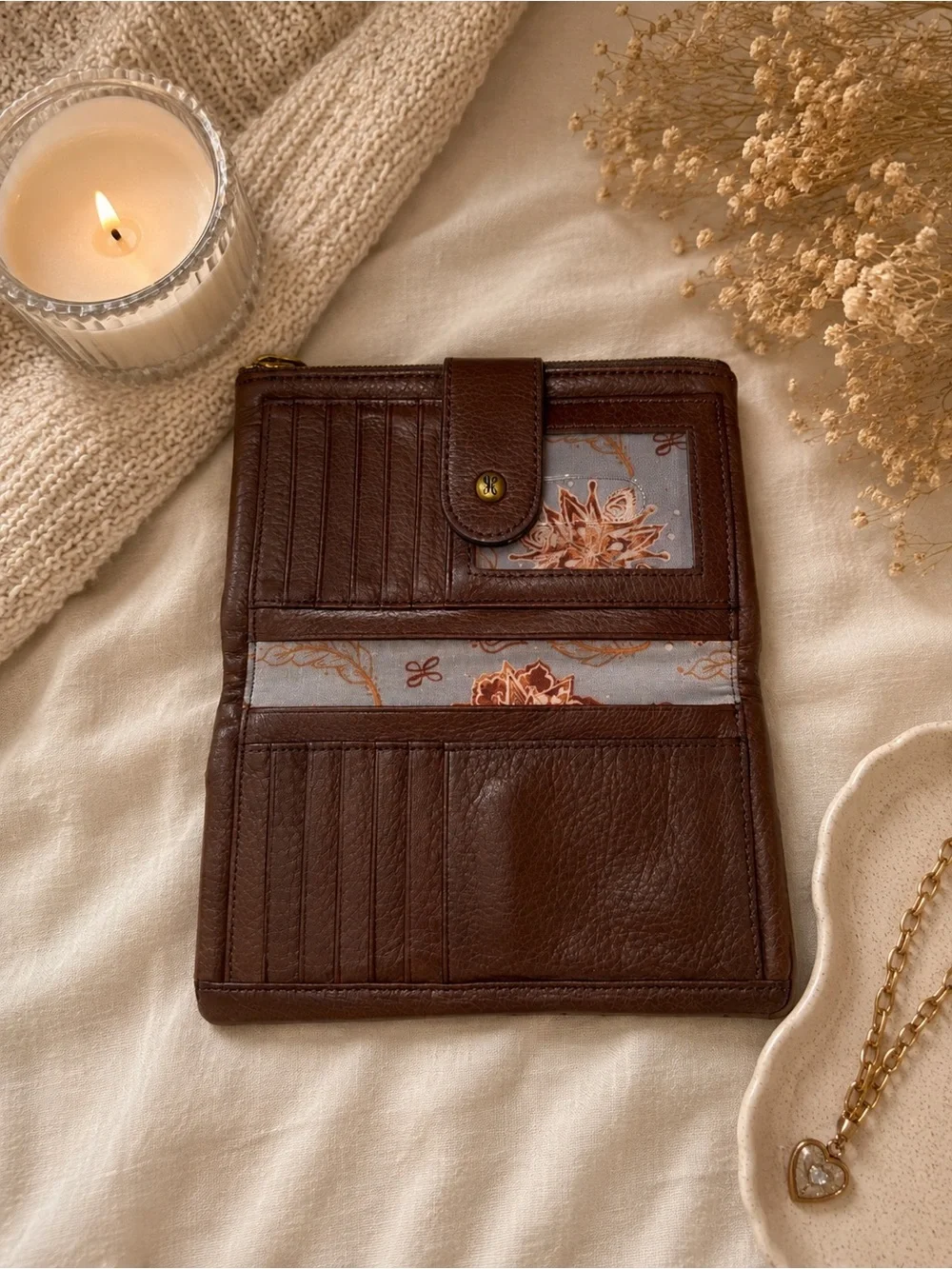 HOBO Brown Leather Wallet Floral Lining